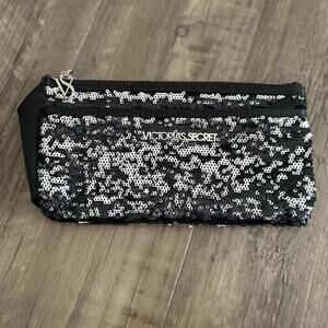 Women's Victoria’s Secret Black Sequin Clutch Bag Silver Zipper & Logo